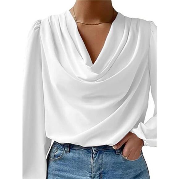 Full Size Cowl Neck Balloon Sleeve Blouse Plus Size - Picture 4 of 15